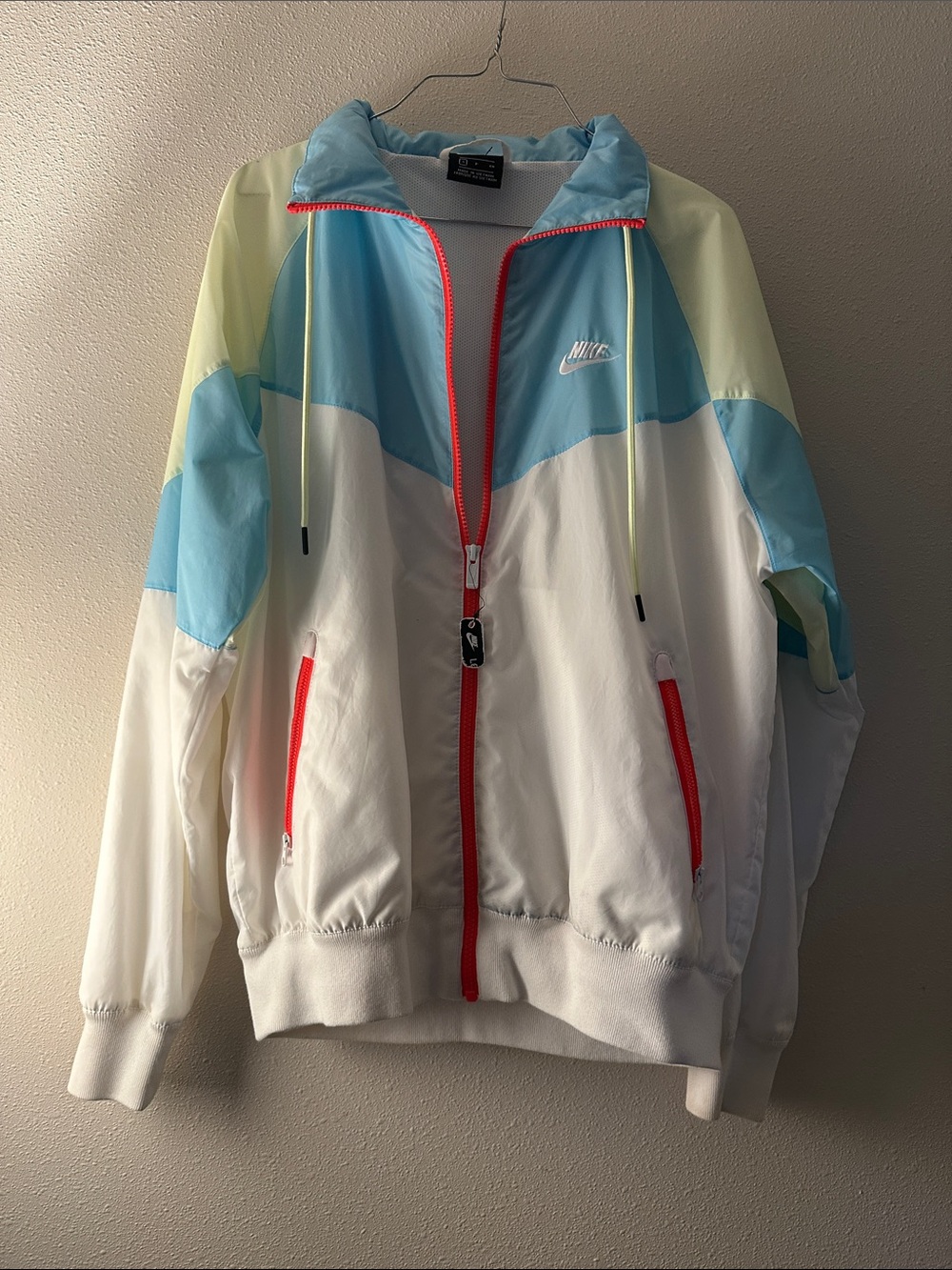Nike White Windbreaker Jacket with Light Blue and Pale Yellow Panels
